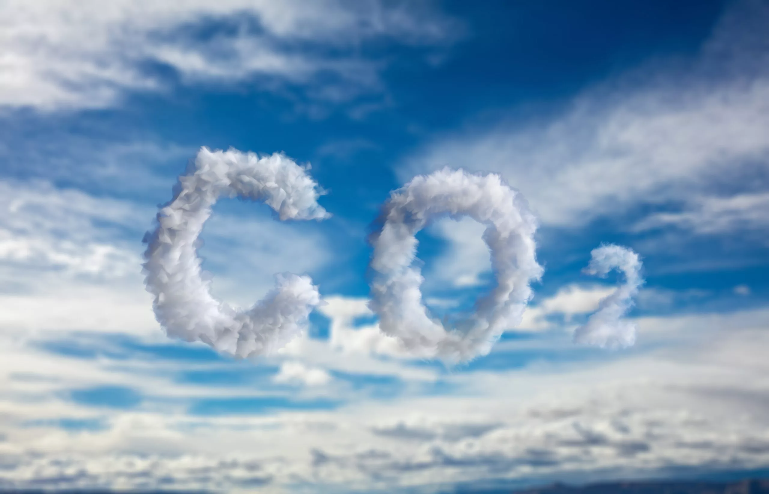 CO2 carbon dioxide pollution sign. Emissions smog cloud symbol on blue cloudy sky background. Planet climate change, global warming concept. 3d illustration